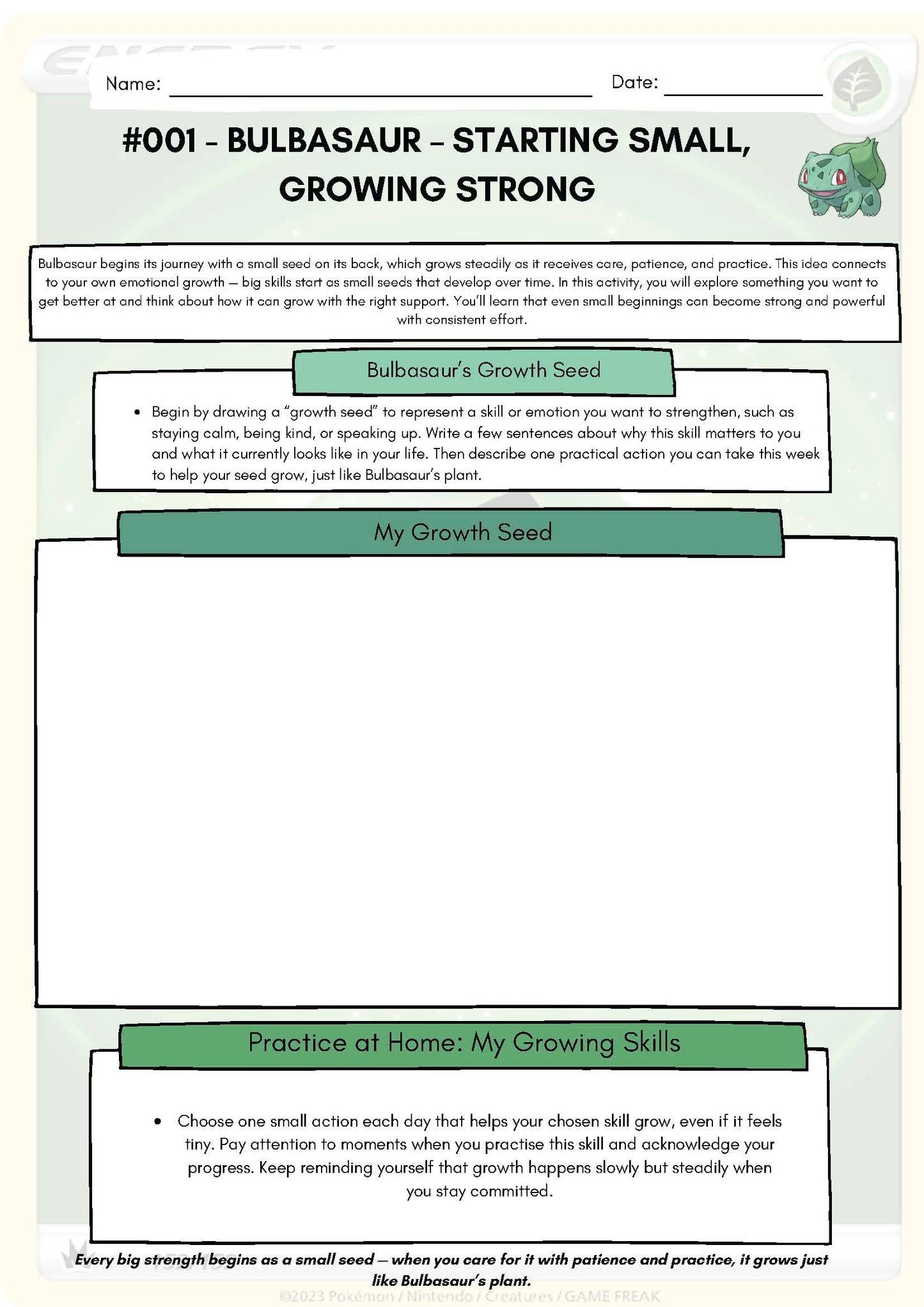 Pokemon SEL Worksheet: Bulbasaur: Starting Small, Growing Strong (Resource #001) Classroom Resources for Kids