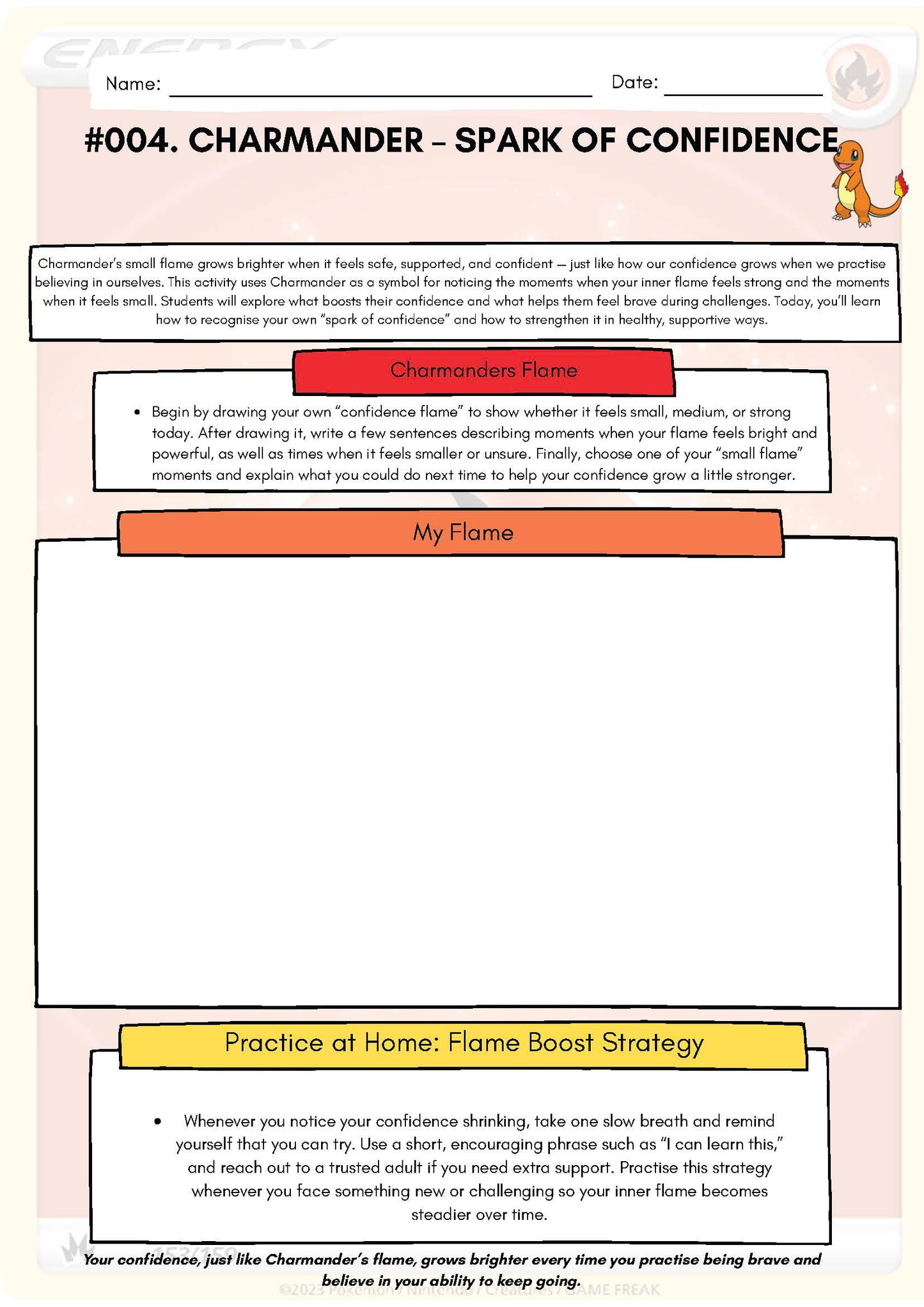Pokemon SEL Worksheet: Charmander: Spark of Confidence (SEL Resource #004) Classroom Resources for Kids