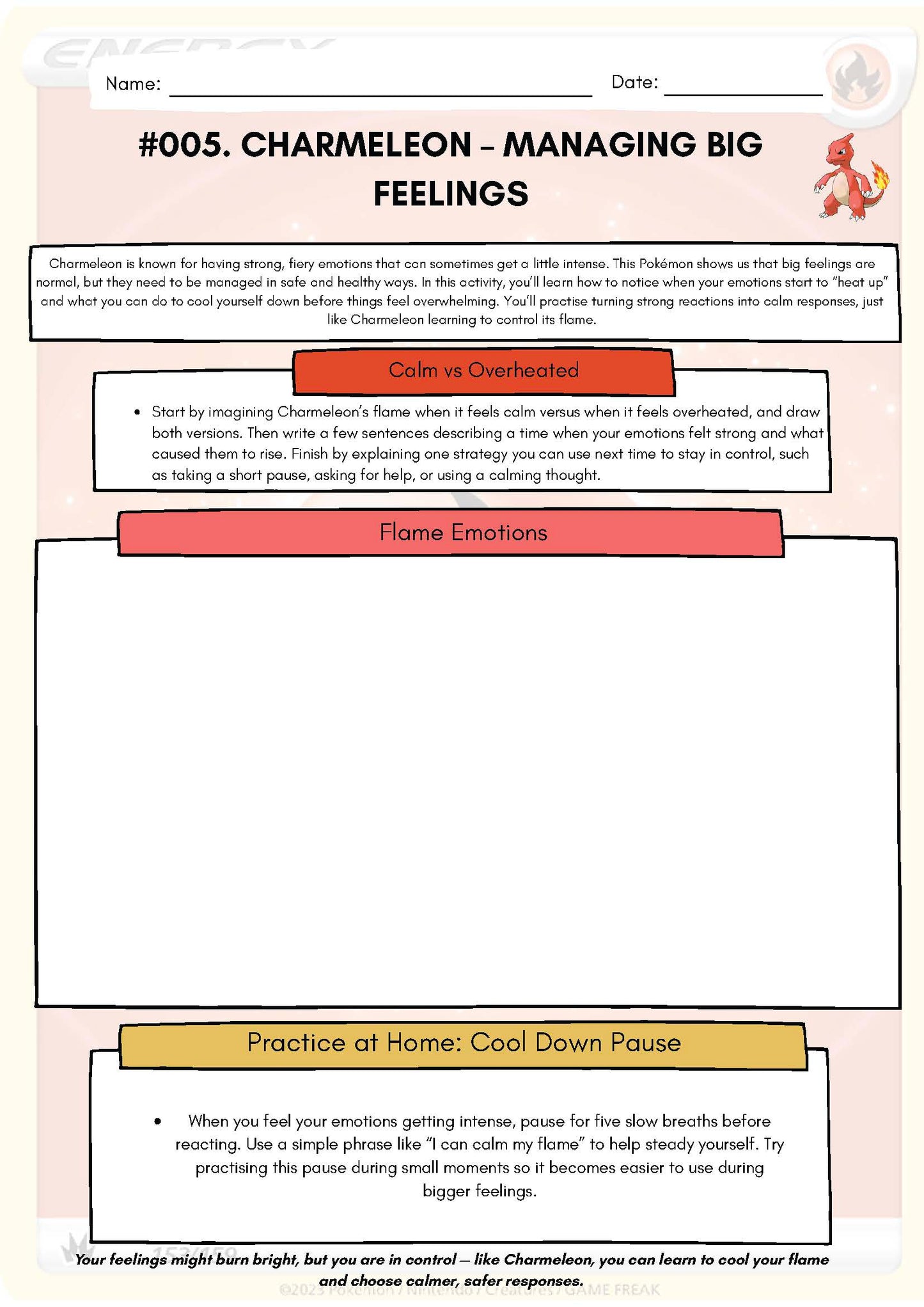 Pokemon SEL Worksheet: Charmeleon: Managing Big Feelings (SEL Resource #005) Classroom Resources for Kids