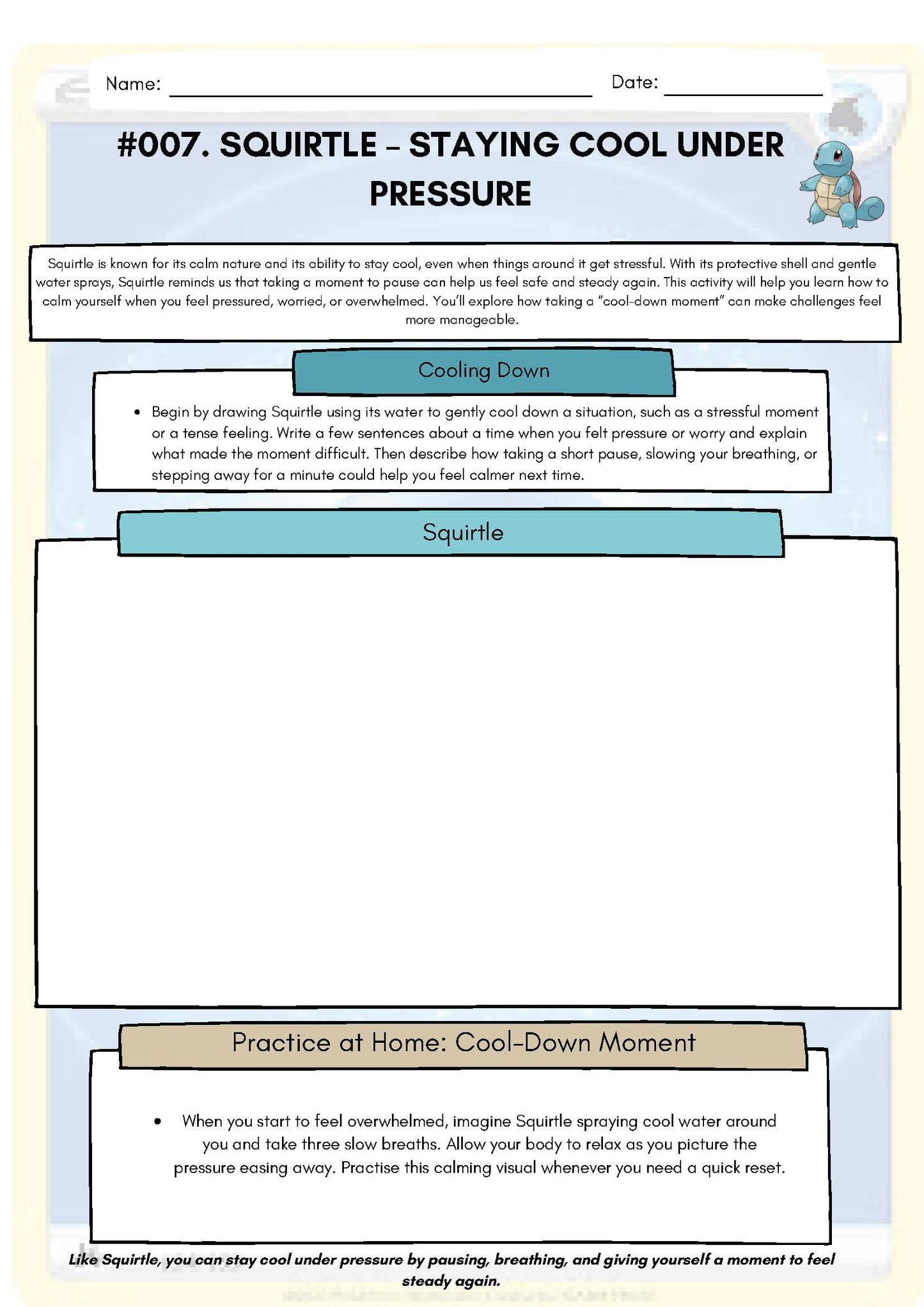 Pokemon SEL Worksheet: Squirtle: Staying Cool Under Pressure (SEL Resource #007) Classroom Resources for Kids