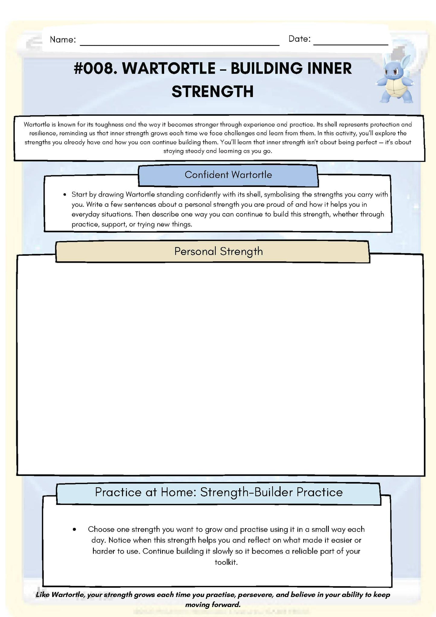 Pokemon SEL Worksheet: Wartortle: Building Inner Strength (SEL Resource #008) Classroom Resources for Kids