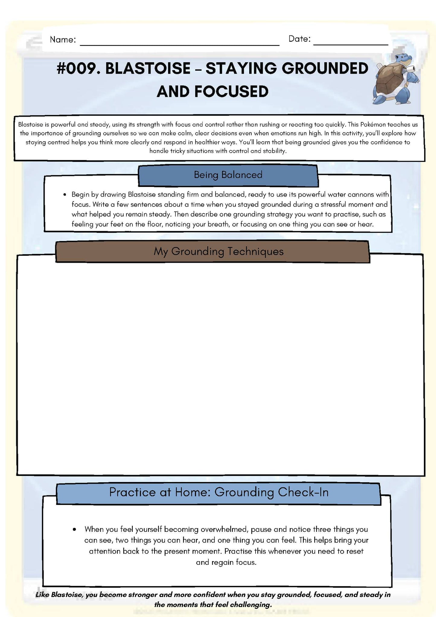 Pokemon SEL Worksheet Blastoise: Staying Grounded and Focused (Resource #009) Classroom Resources for Kids