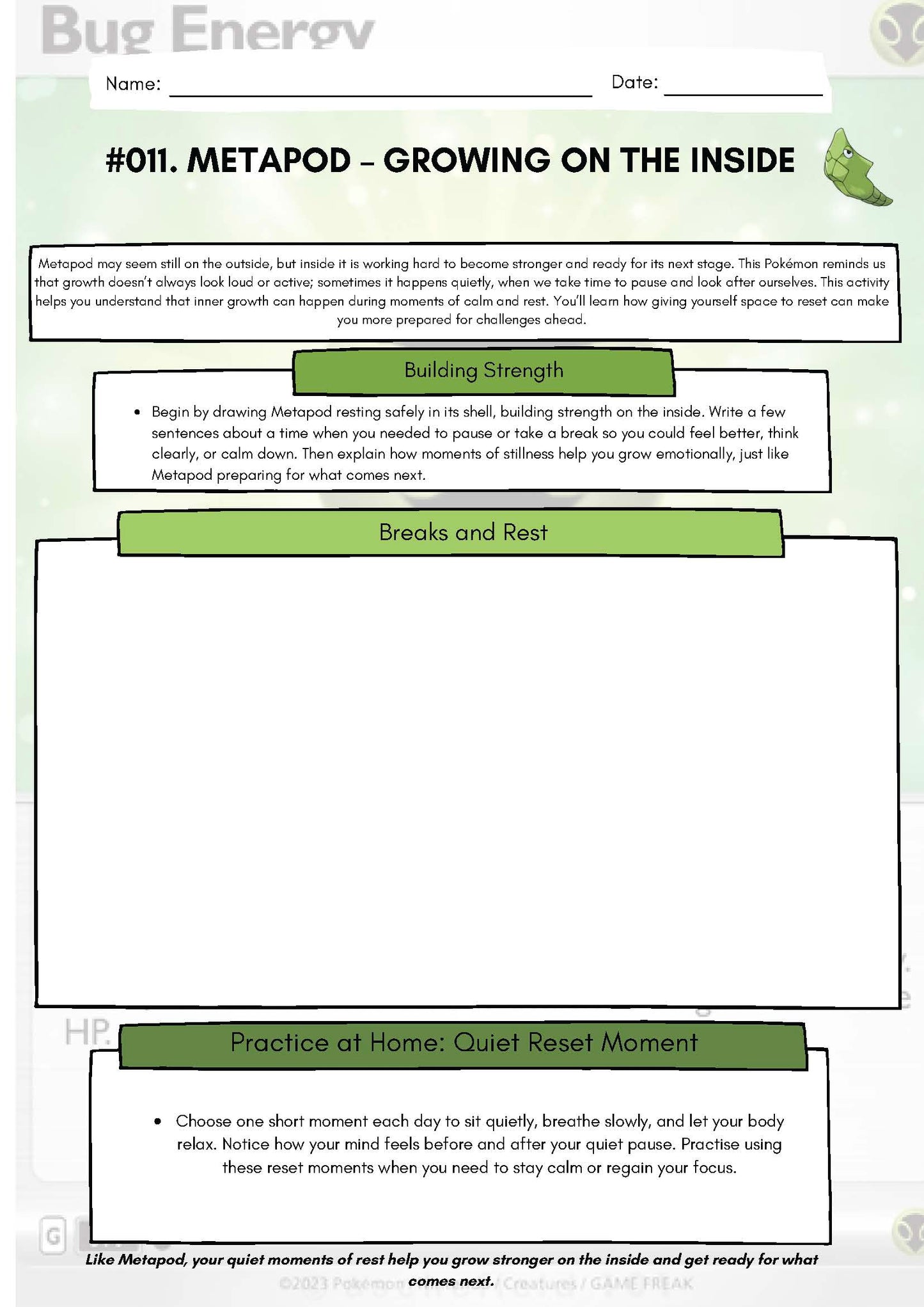 Pokemon SEL Worksheet: Metapod: Growing on the Inside (SEL Resource #011) Classroom Resources for Kids