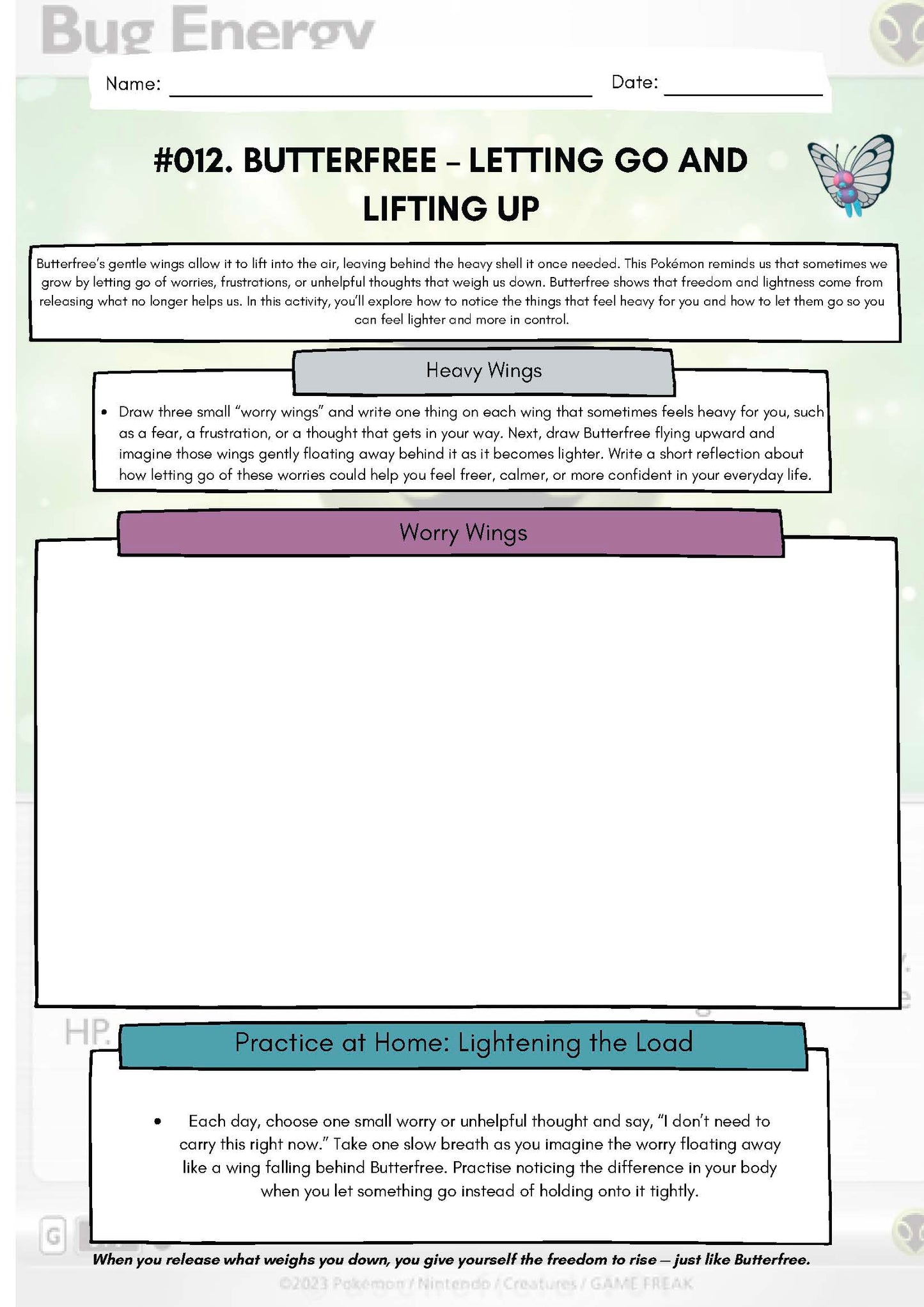 Pokemon SEL Worksheet: Butterfree: Letting Go and Lifting Up (SEL Resource #012) Classroom Resources for Kids