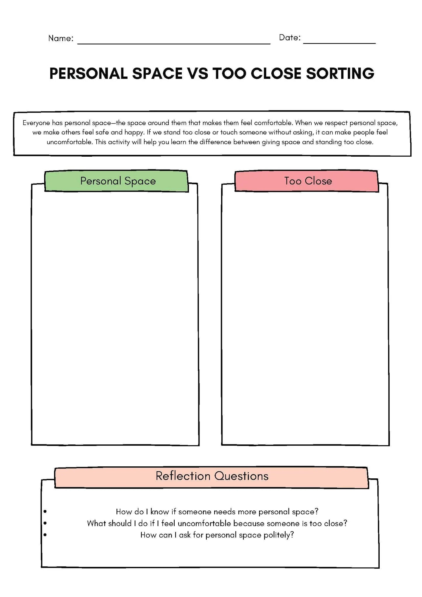 Personal Space vs. Too Close Sorting Activity Classroom Resources for Kids