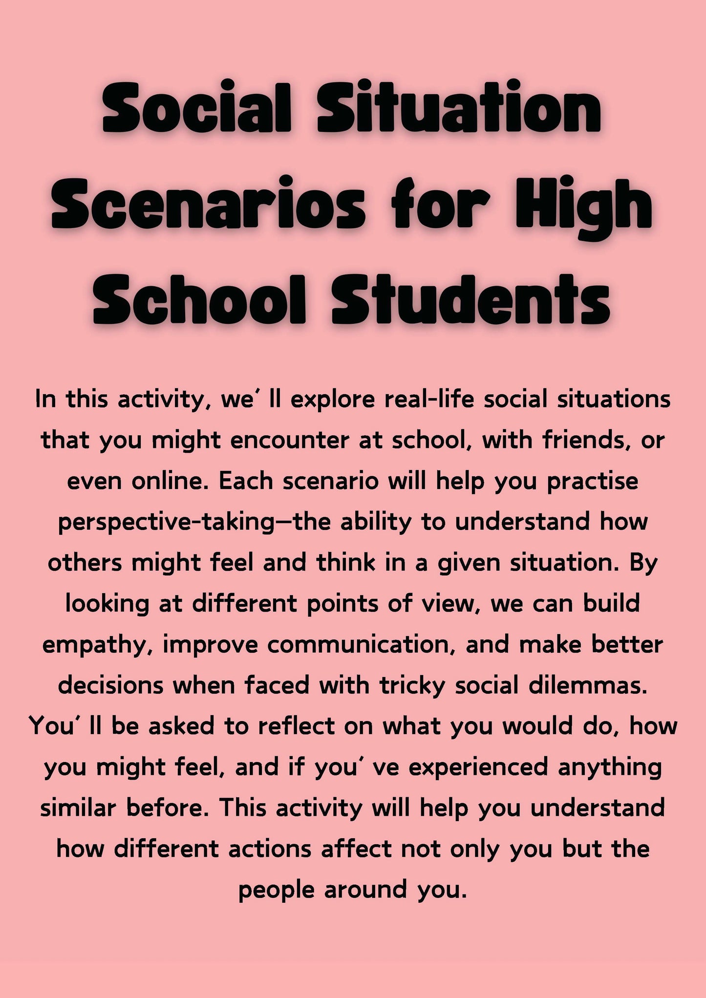 Perspective Taking Scenarios - Middle School and High School Social Scenarios Classroom Resources for Kids
