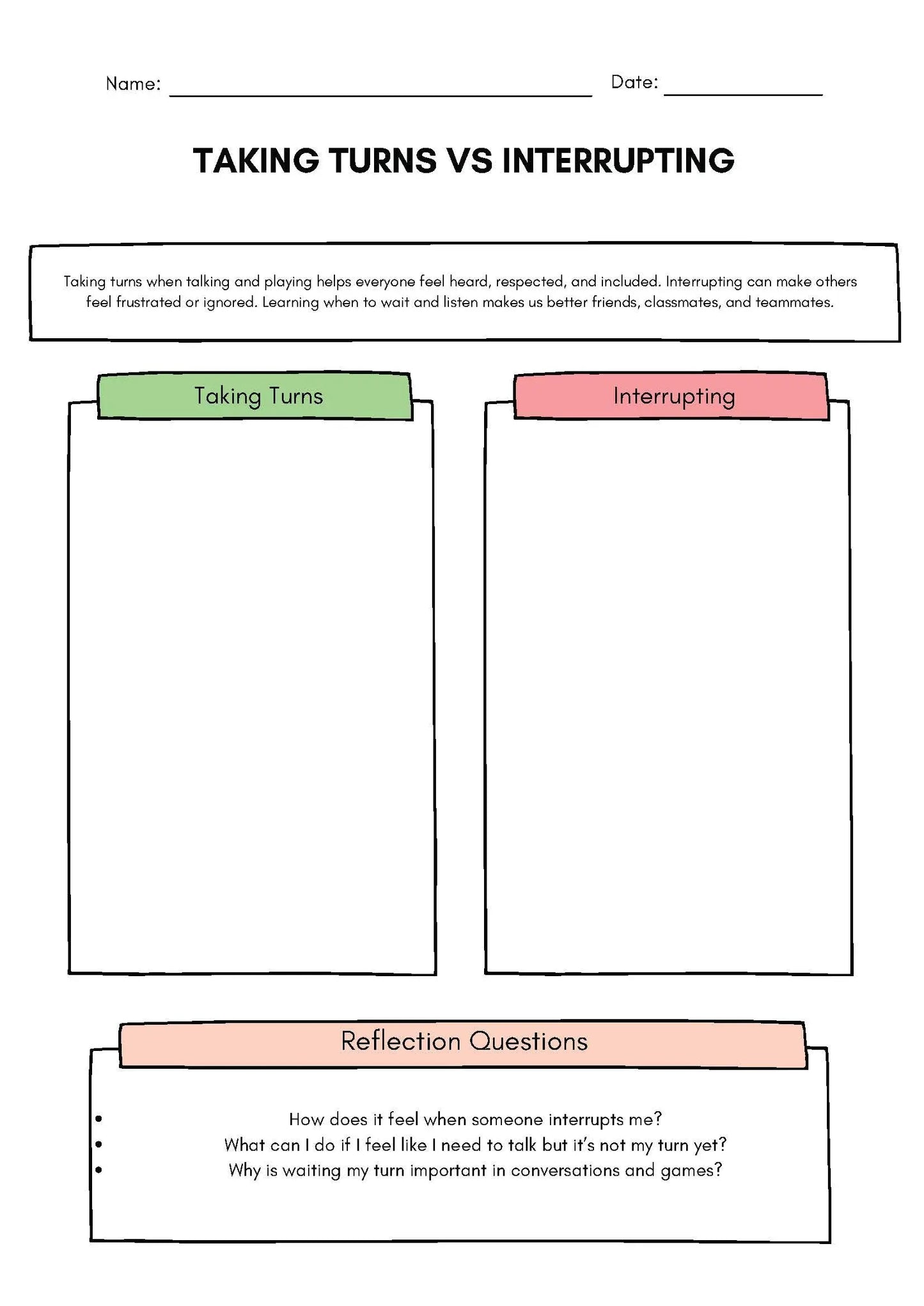 Taking Turns vs. Interrupting Sorting Activity Classroom Resources for Kids