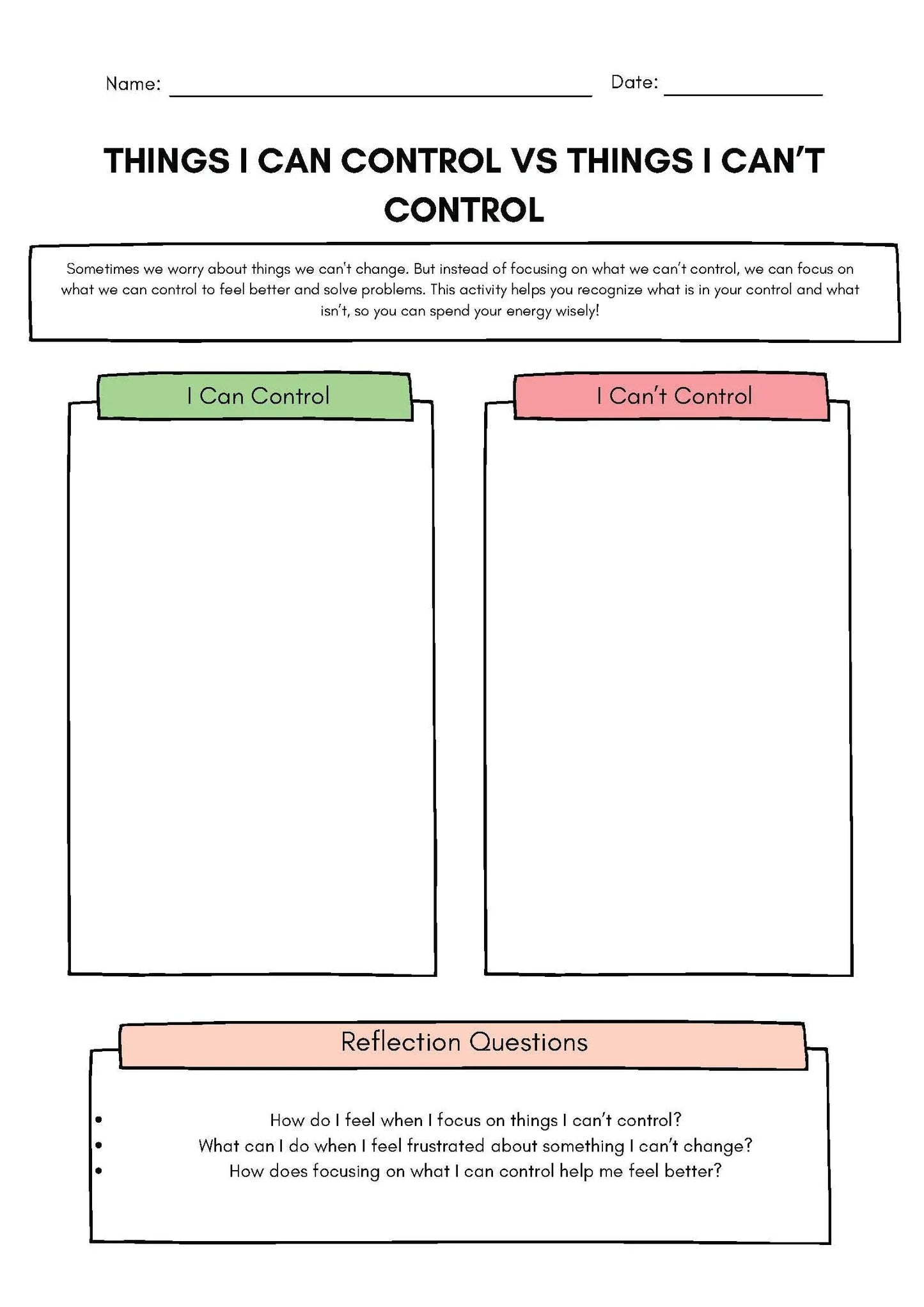 Things I Can Control vs. Things I Can’t Control Sorting Activity Classroom Resources for Kids