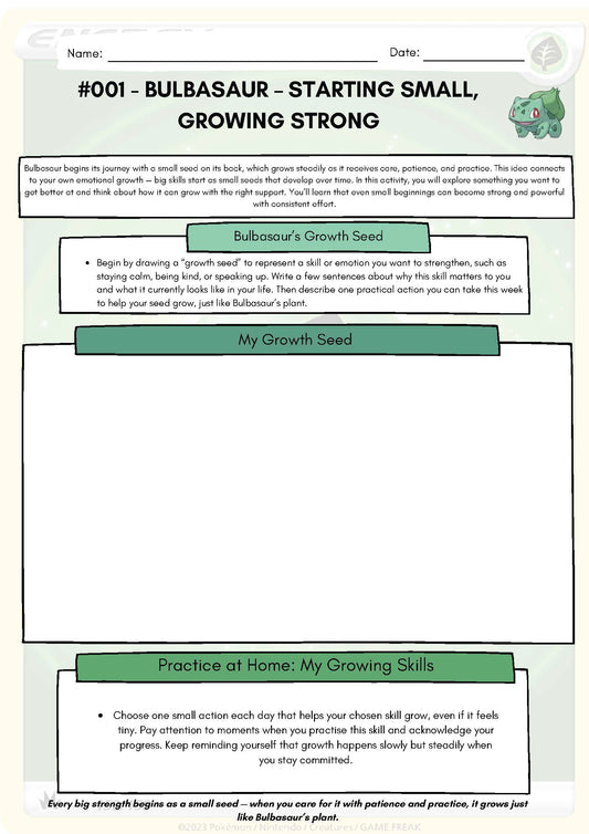 Pokemon SEL Worksheet: Bulbasaur: Starting Small, Growing Strong (Resource #001) Classroom Resources for Kids