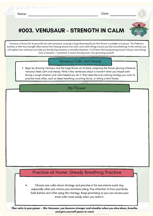 Pokemon SEL Worksheet: Venusaur: Strength in Calm (SEL Resource #003) Classroom Resources for Kids