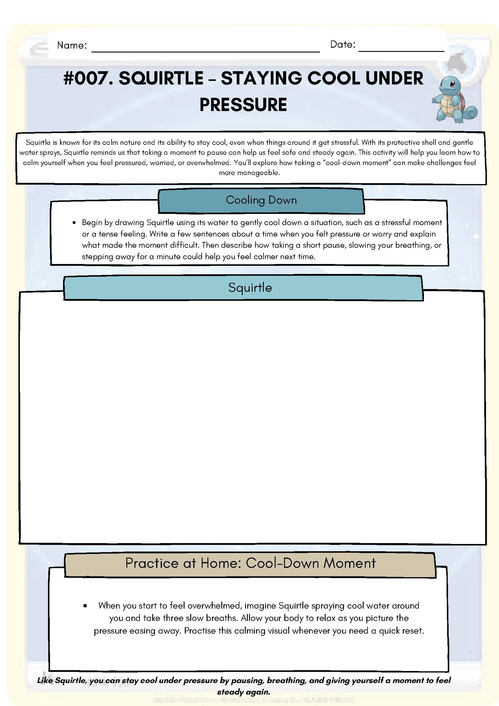 Pokemon SEL Worksheet: Squirtle: Staying Cool Under Pressure (SEL Resource #007) Classroom Resources for Kids