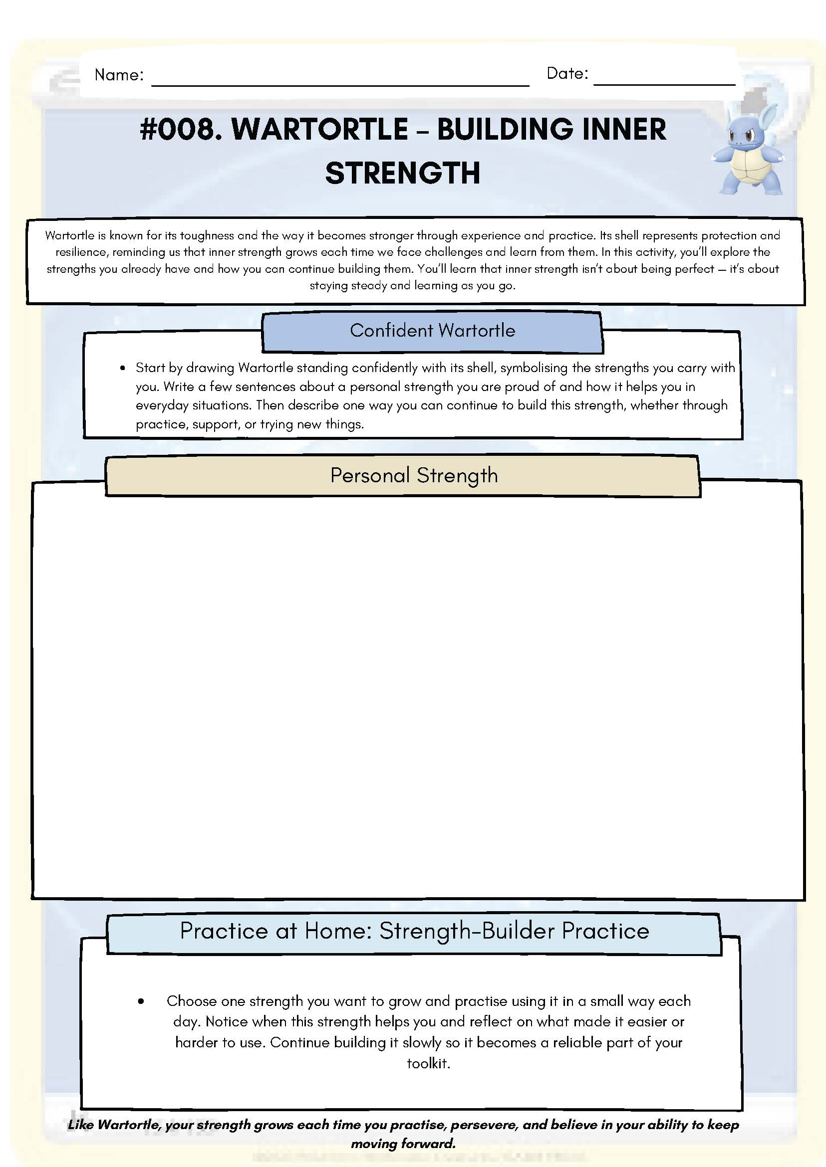 Pokemon SEL Worksheet: Wartortle: Building Inner Strength (SEL Resource #008) Classroom Resources for Kids
