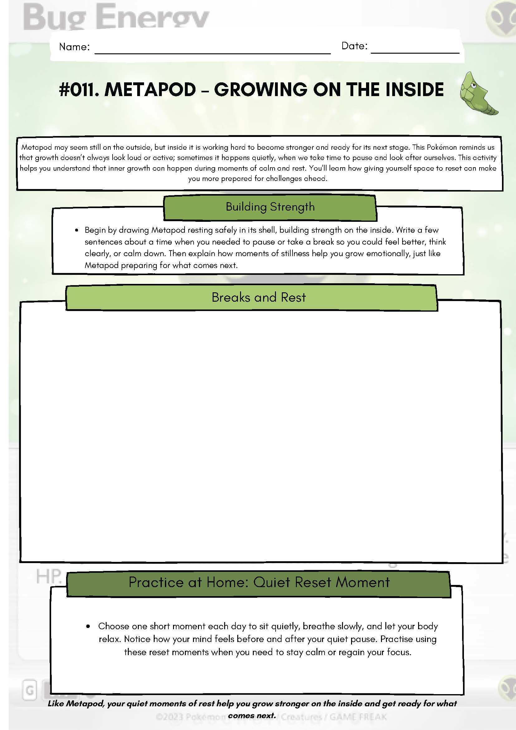 Pokemon SEL Worksheet: Metapod: Growing on the Inside (SEL Resource #011) Classroom Resources for Kids