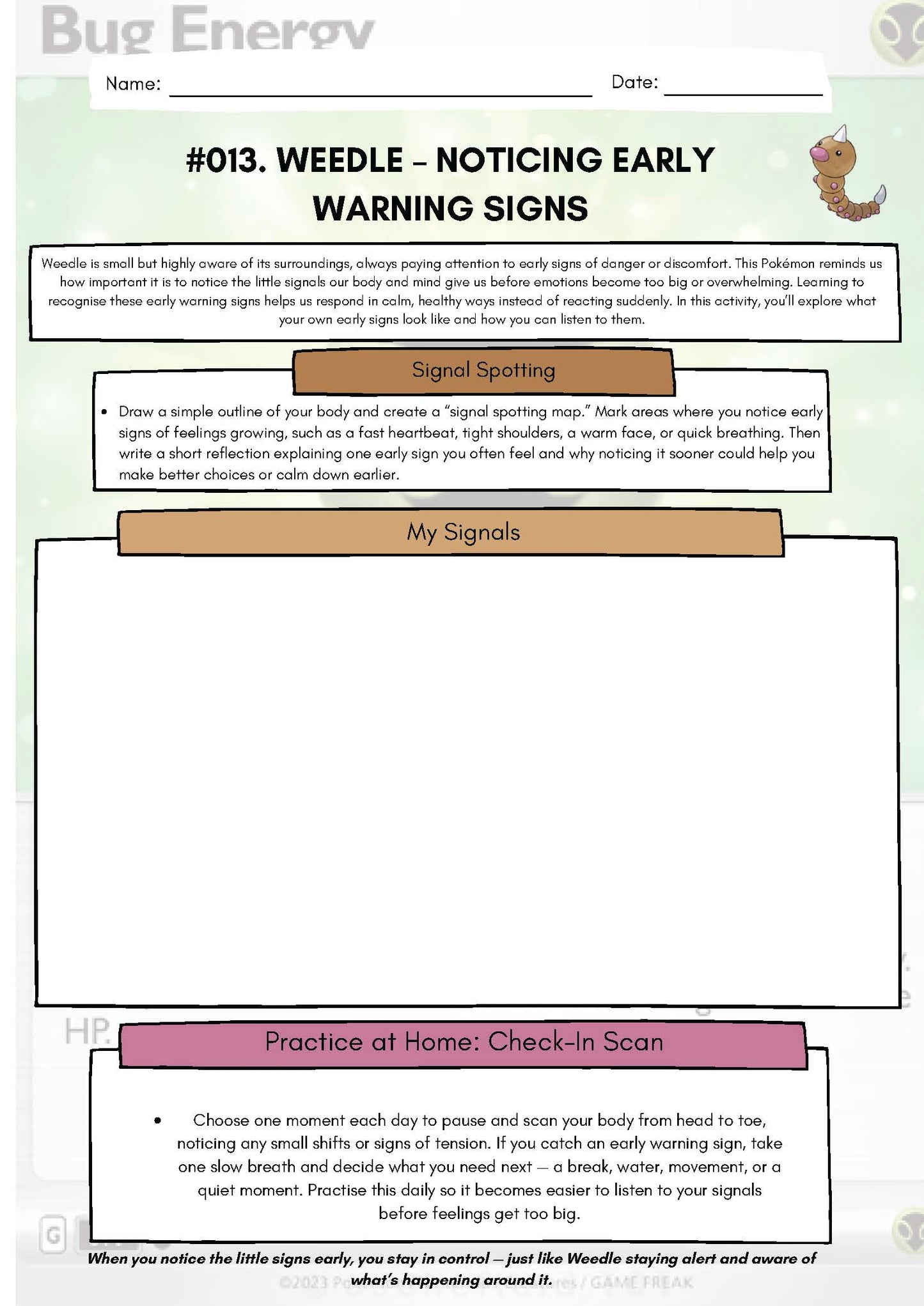 Pokemon SEL Worksheet: Weedle: Noticing Early Warning Signs (SEL Resource #013) Classroom Resources for Kids
