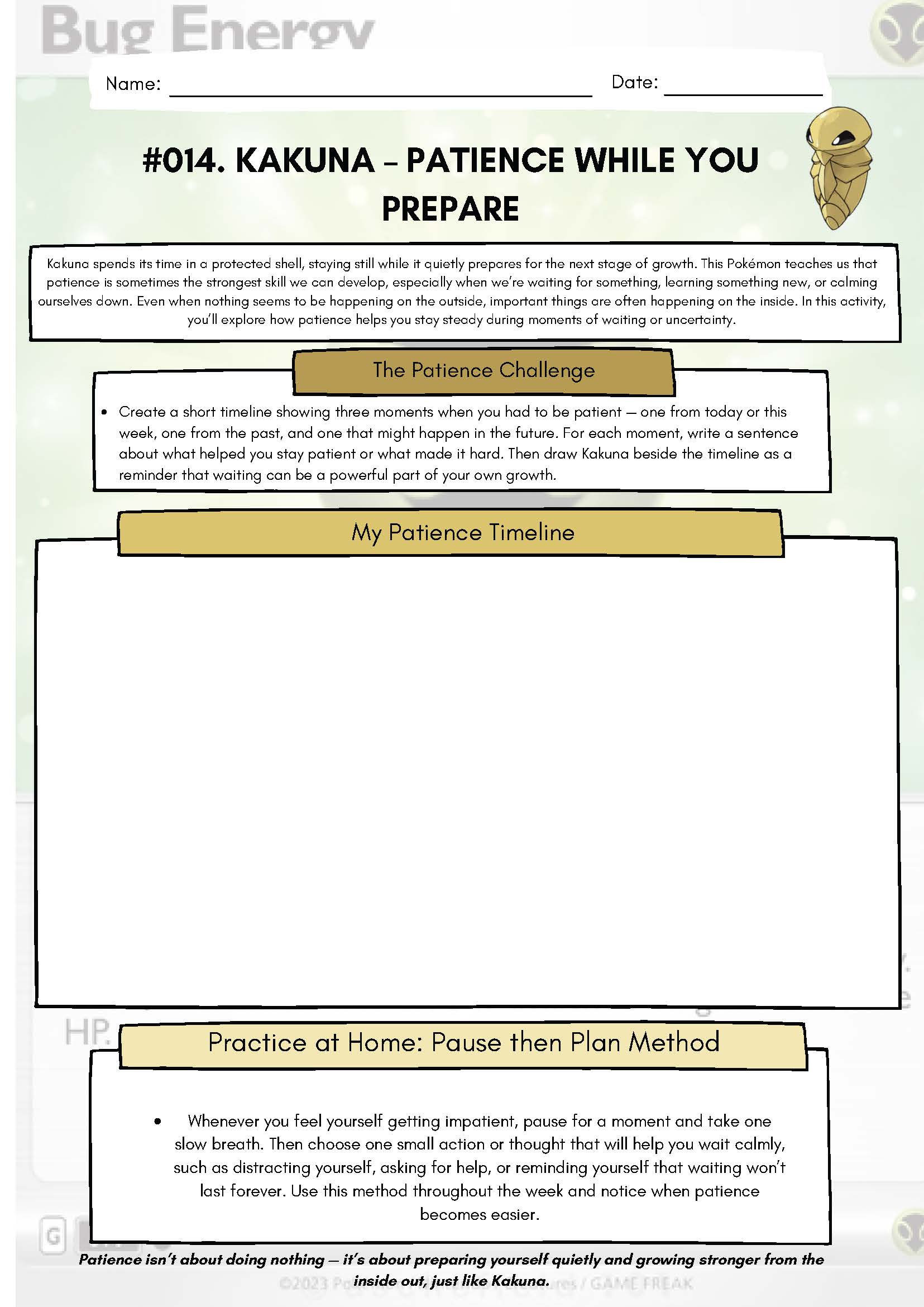Pokemon SEL Worksheet: Kakuna: Patience While You Prepare (Resource #014) Classroom Resources for Kids