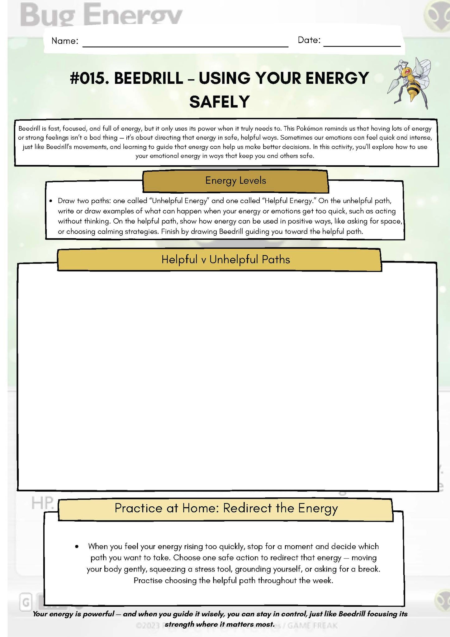 Pokémon SEL Worksheet: Beedrill – Using Your Energy Safely (SEL Resource #015) Classroom Resources for Kids
