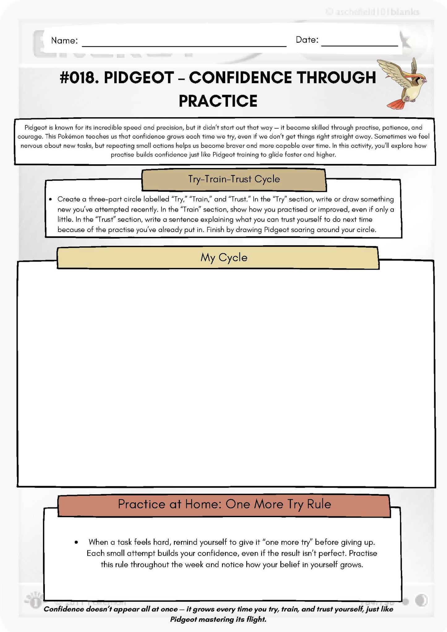 Pokémon SEL Worksheet: Pidgeot – Confidence Through Practice (SEL Resource #018) Classroom Resources for Kids