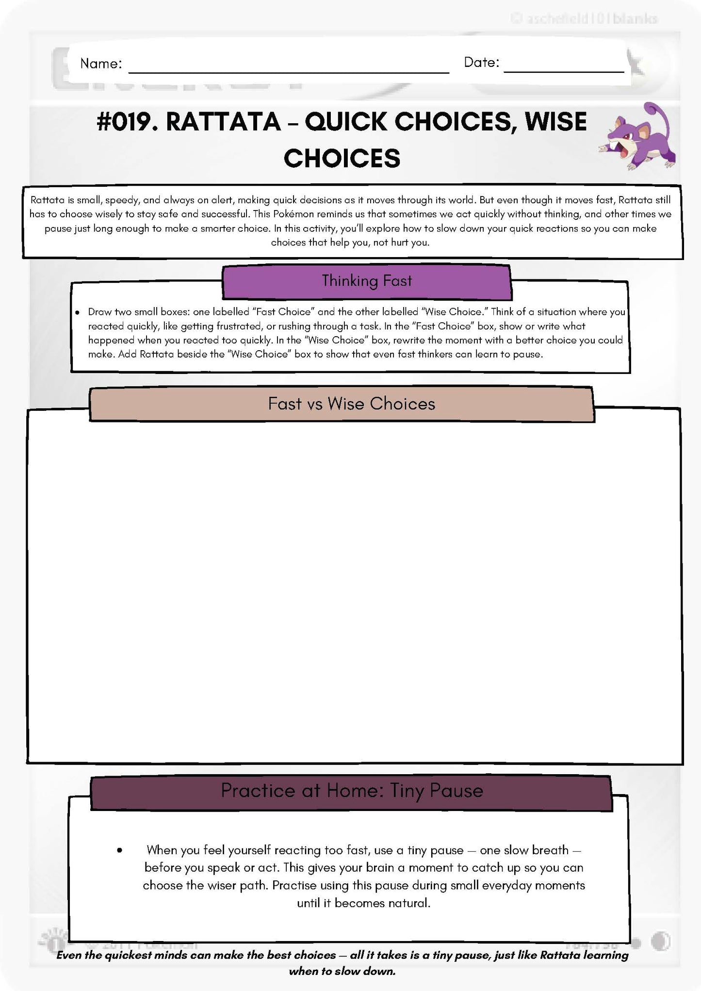 Pokémon SEL Worksheet: Rattata – Quick Choices, Wise Choices (SEL Resource #019) Classroom Resources for Kids