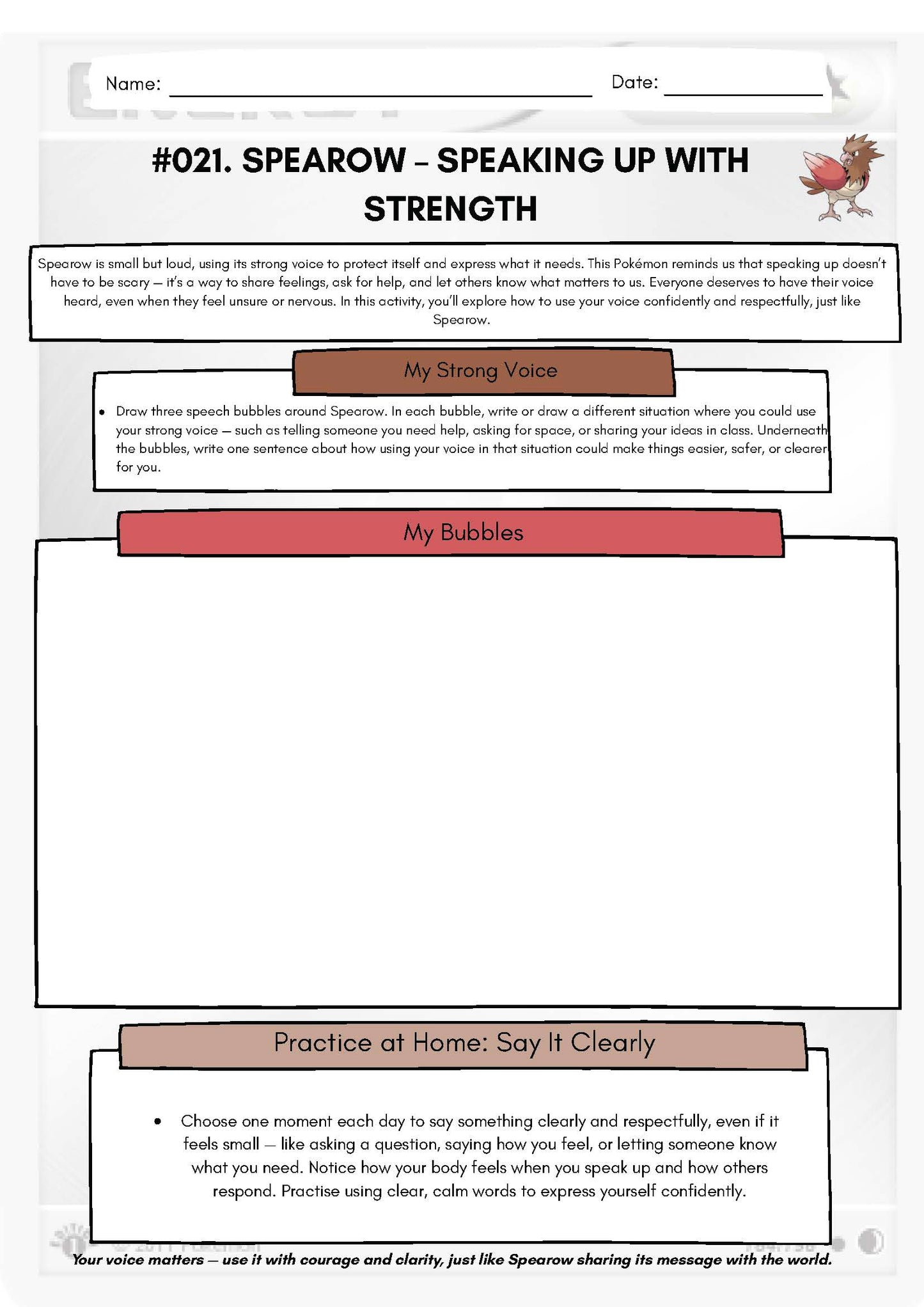 Pokémon SEL Worksheet: Spearow – Speaking Up with Strength (SEL Resource #021) Classroom Resources for Kids