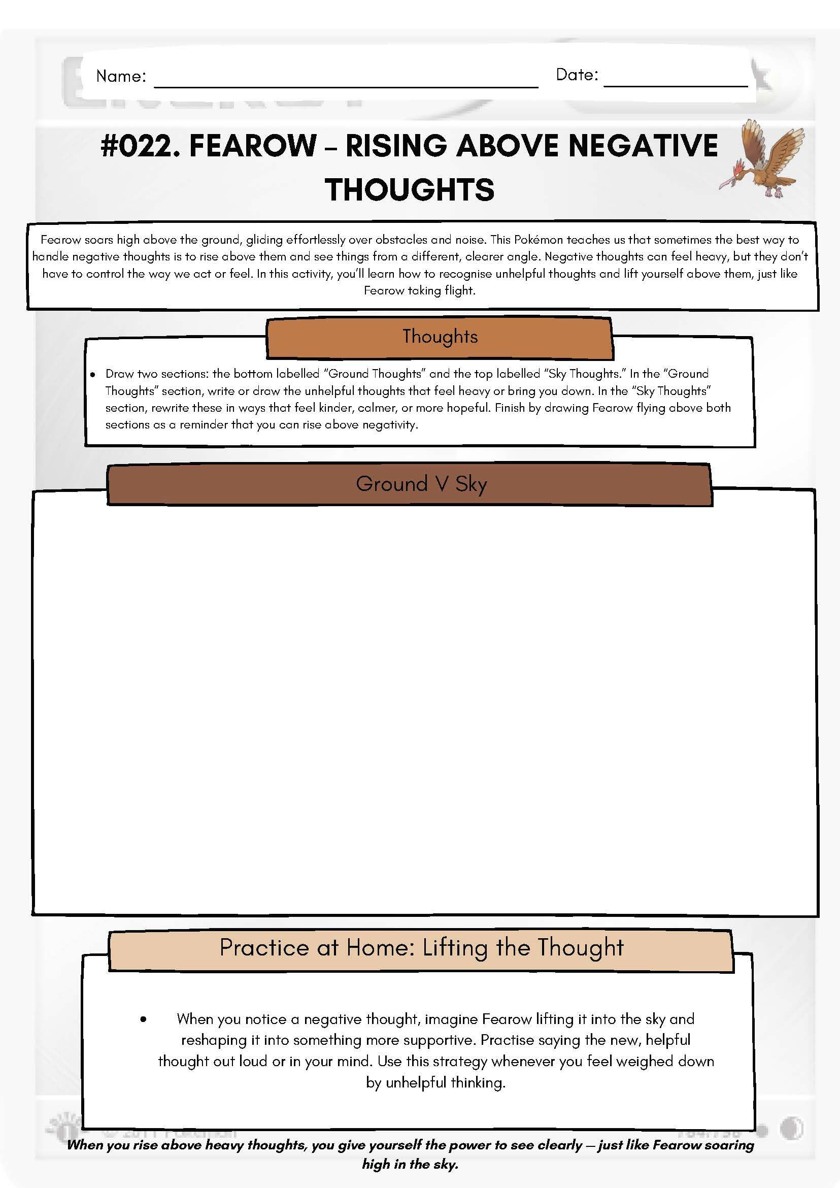 Pokémon SEL Worksheet: Fearow – Rising Above Negative Thoughts (SEL Resource #022) Classroom Resources for Kids