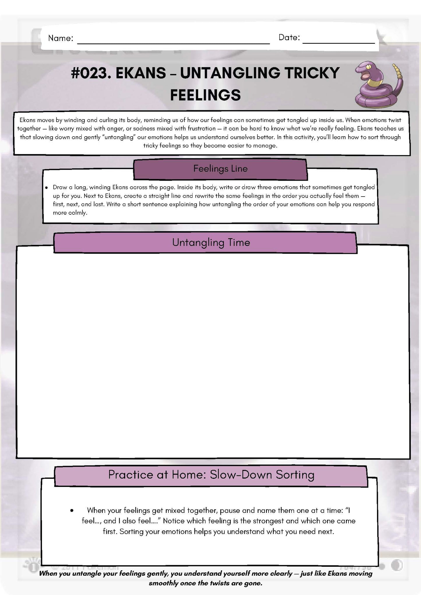 Pokémon SEL Worksheet: Ekans – Untangling Tricky Feelings (SEL Resource #023) Classroom Resources for Kids