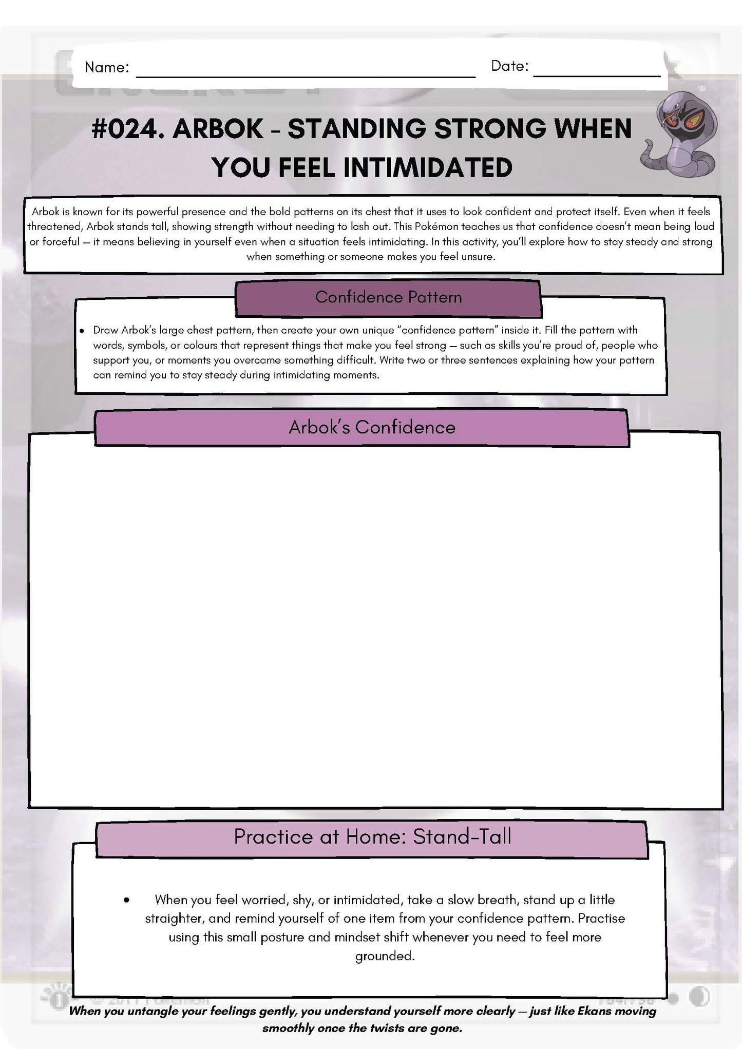 Pokémon SEL Worksheet: Arbok – Standing Strong When You Feel Intimidated (SEL Resource #24) Classroom Resources for Kids