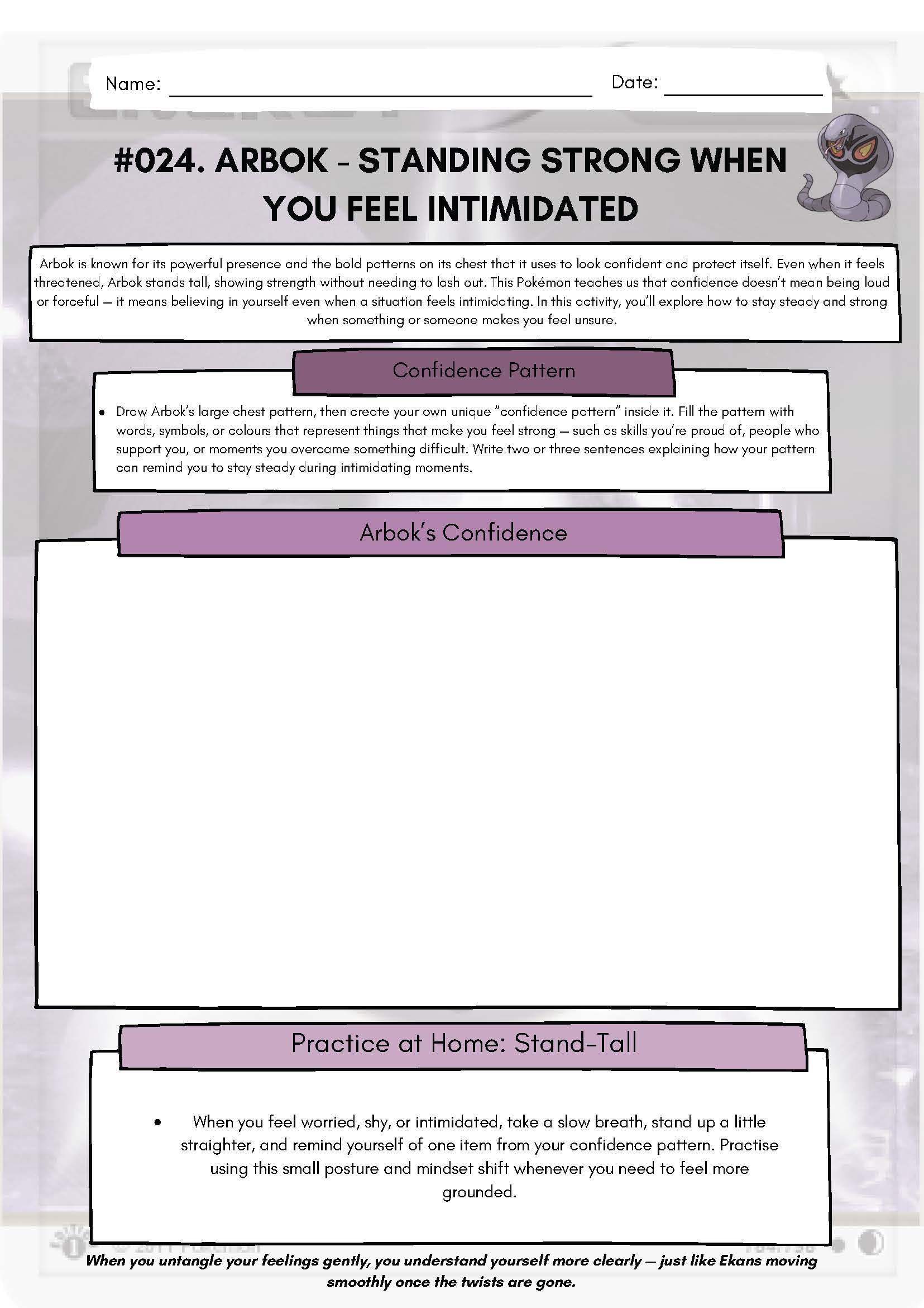 Pokémon SEL Worksheet: Arbok – Standing Strong When You Feel Intimidated (SEL Resource #24) Classroom Resources for Kids