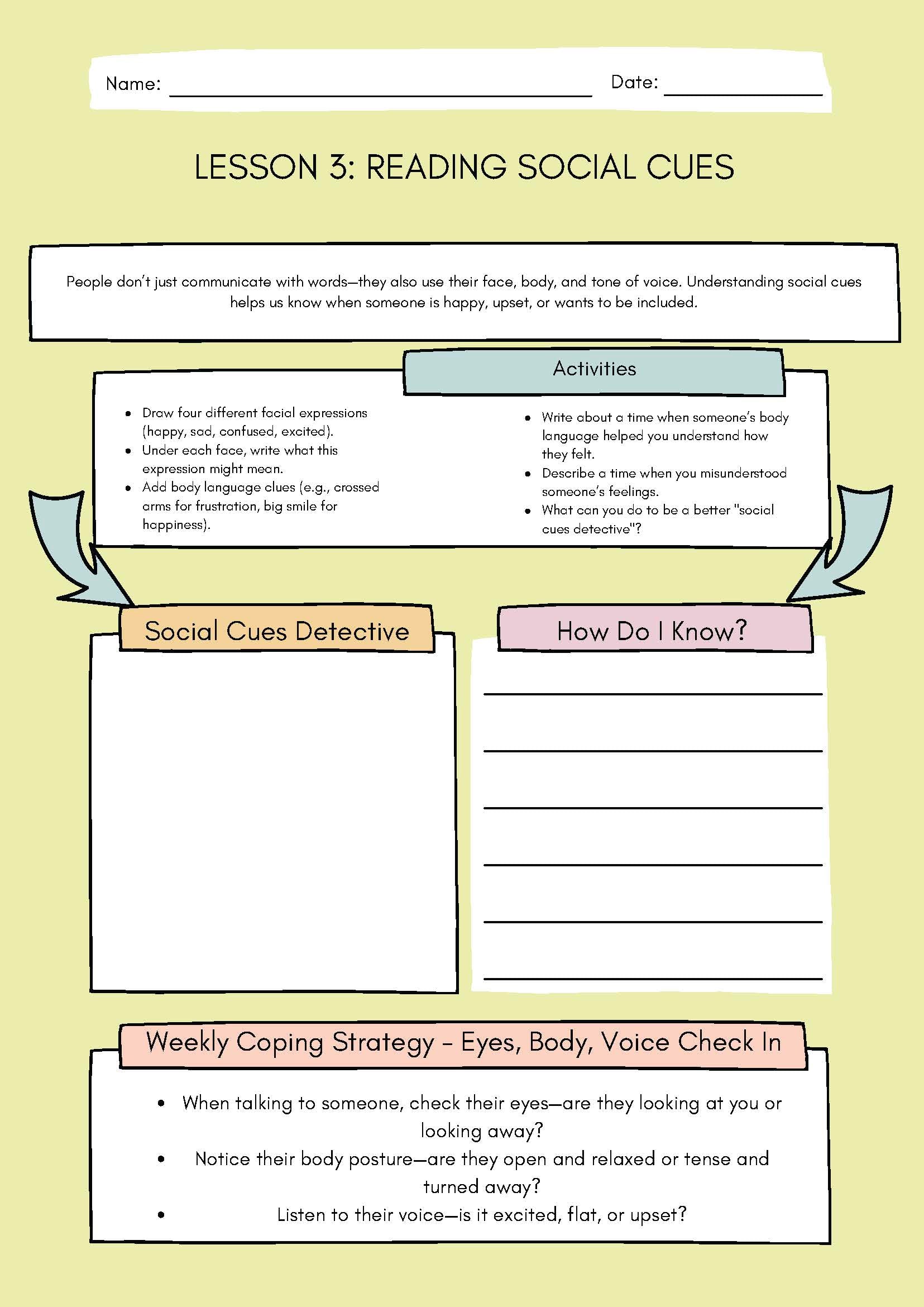 3. Reading Social Cues (Social Skills Worksheet) Classroom Resources for Kids