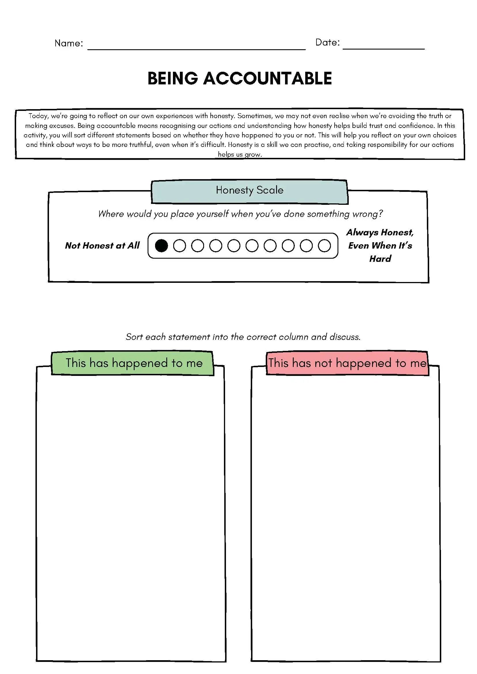 Being Accountable – A Self-Reflection Activity on Honesty Classroom Resources for Kids