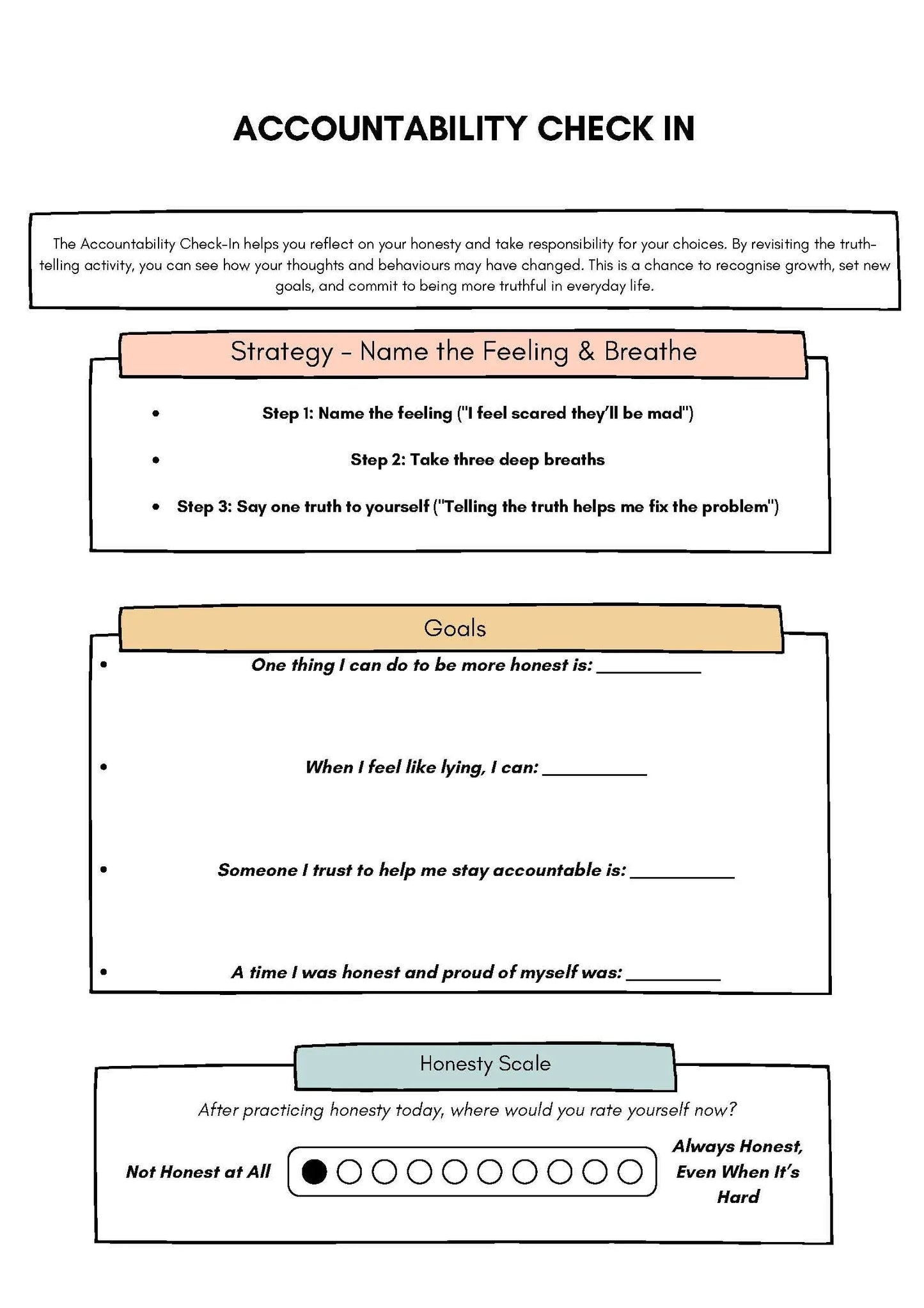 Being Accountable – A Self-Reflection Activity on Honesty Classroom Resources for Kids