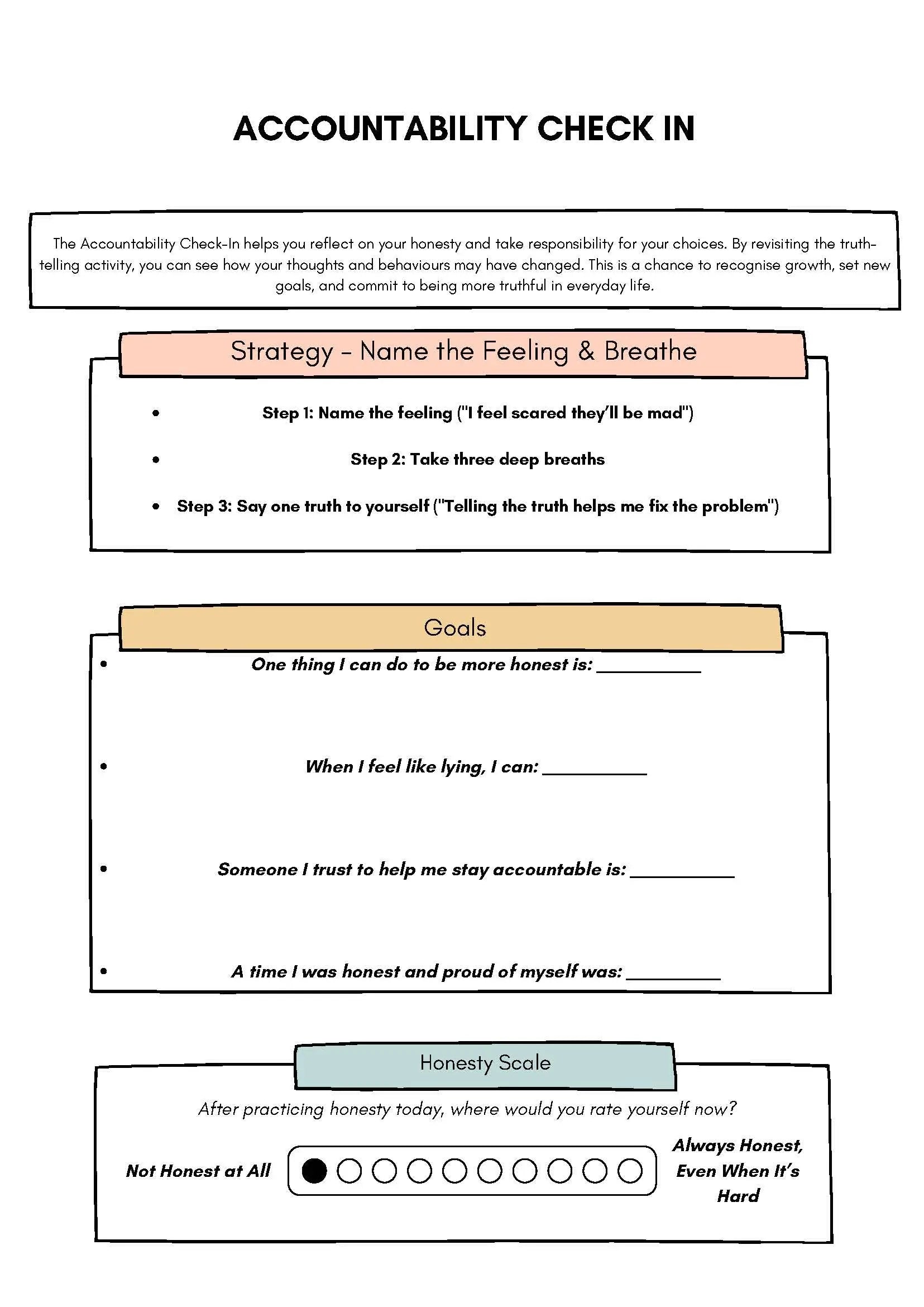 Being Accountable – A Self-Reflection Activity on Honesty Classroom Resources for Kids