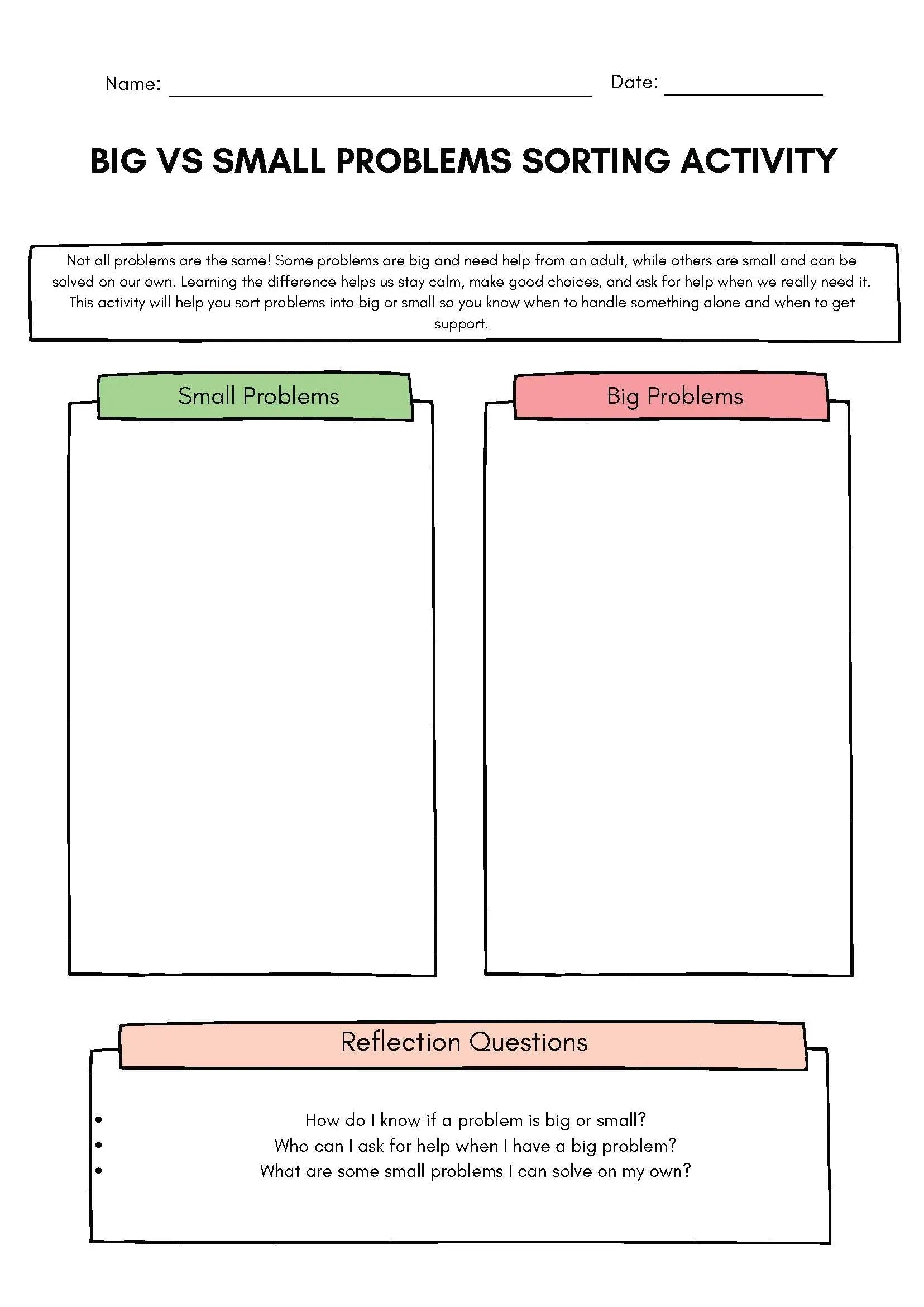 Big vs. Small Problems Sorting Activity Classroom Resources for Kids