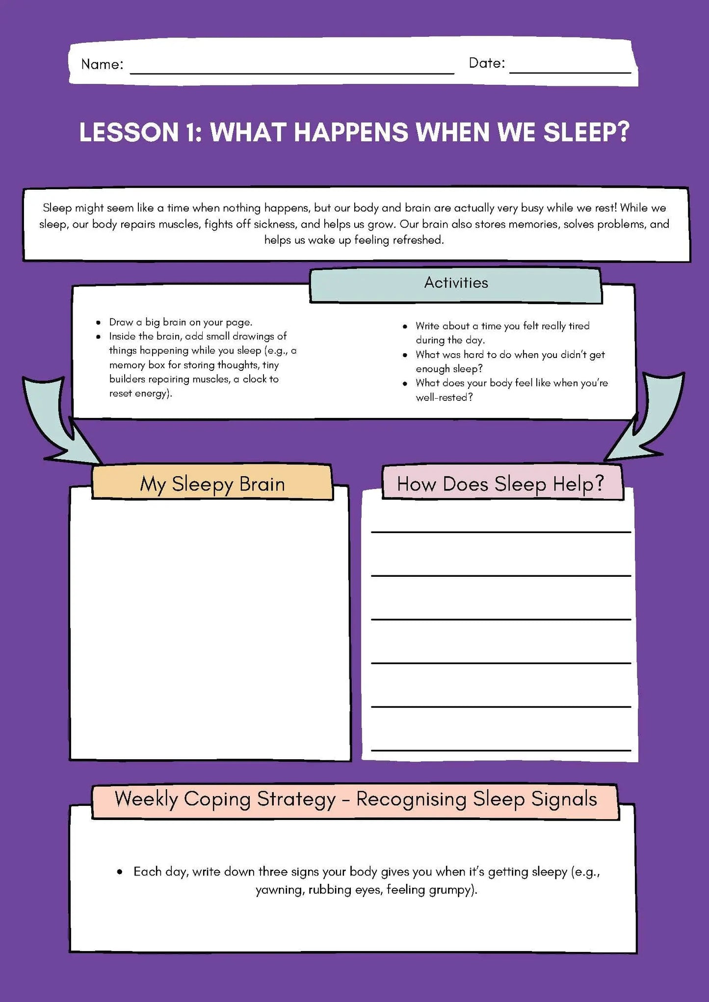 Sleep Hygiene Full Workbook - 10 Worksheets Classroom Resources for Kids