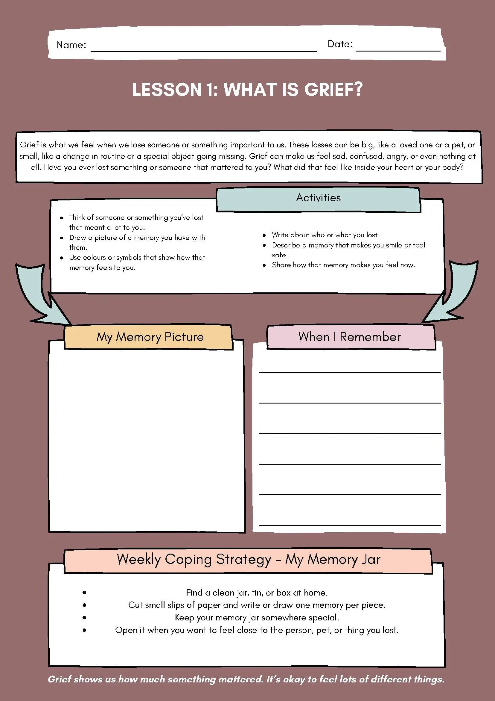 Grief and Loss Workbook (10 Worksheets) Classroom Resources for Kids