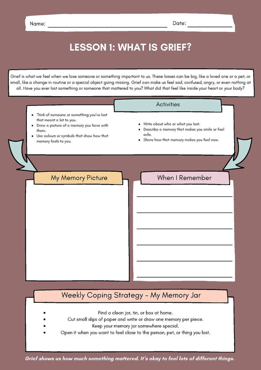 Grief and Loss Workbook (10 Worksheets) Classroom Resources for Kids