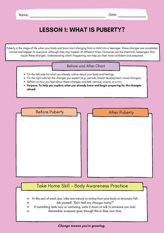 Puberty Workbook for Girls – Complete 10-Worksheet Pack Classroom Resources for Kids
