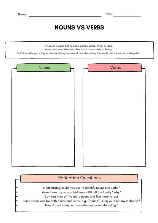 Noun vs Verb Sorting Activity – Interactive Grammar Game Classroom Resources for Kids