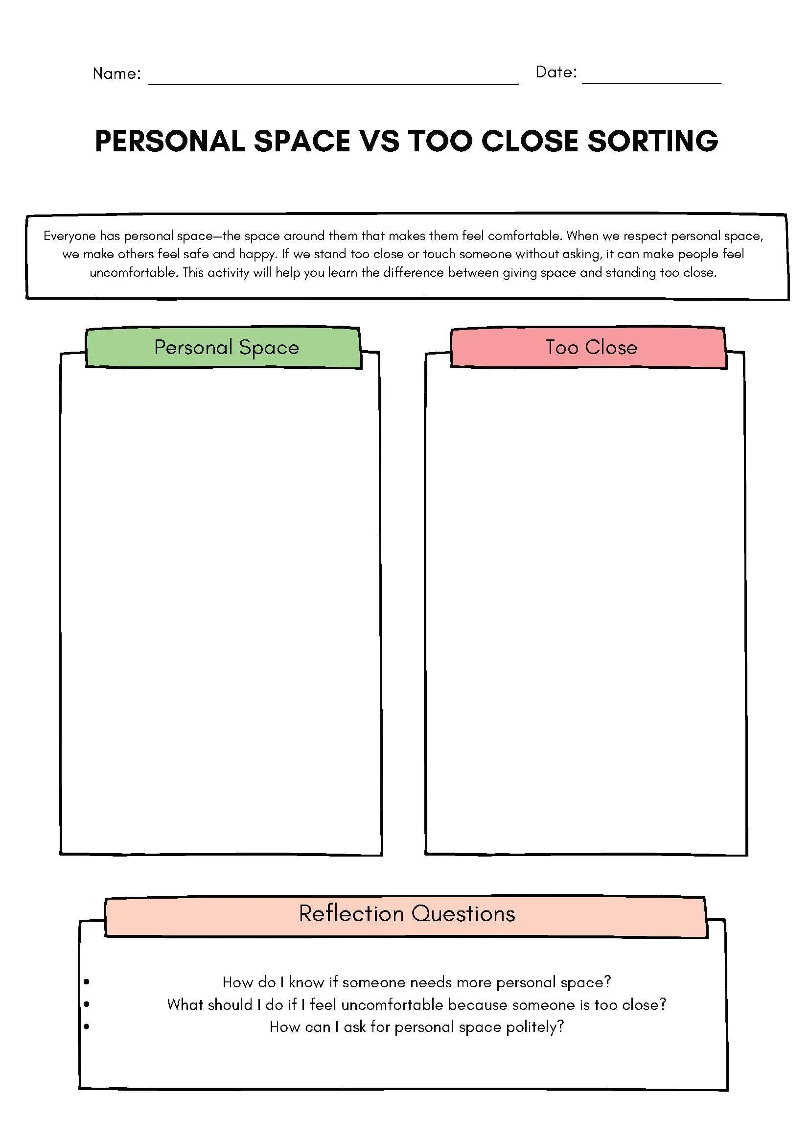 Personal Space vs. Too Close Sorting Activity Classroom Resources for Kids