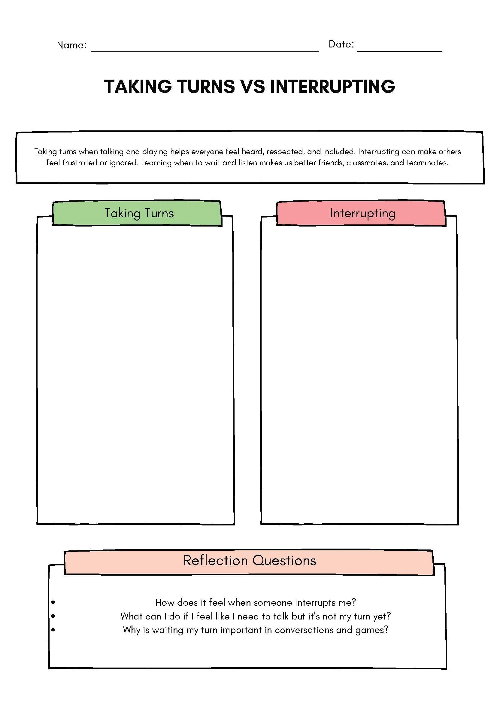 Taking Turns vs. Interrupting Sorting Activity Classroom Resources for Kids