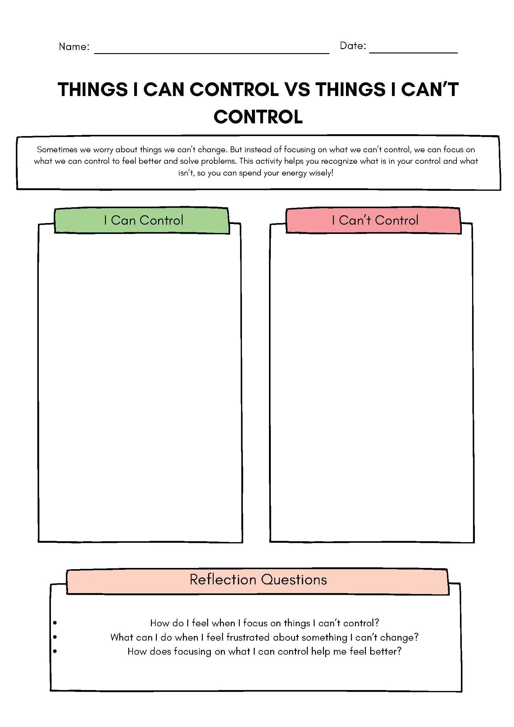 Things I Can Control vs. Things I Can’t Control Sorting Activity Classroom Resources for Kids