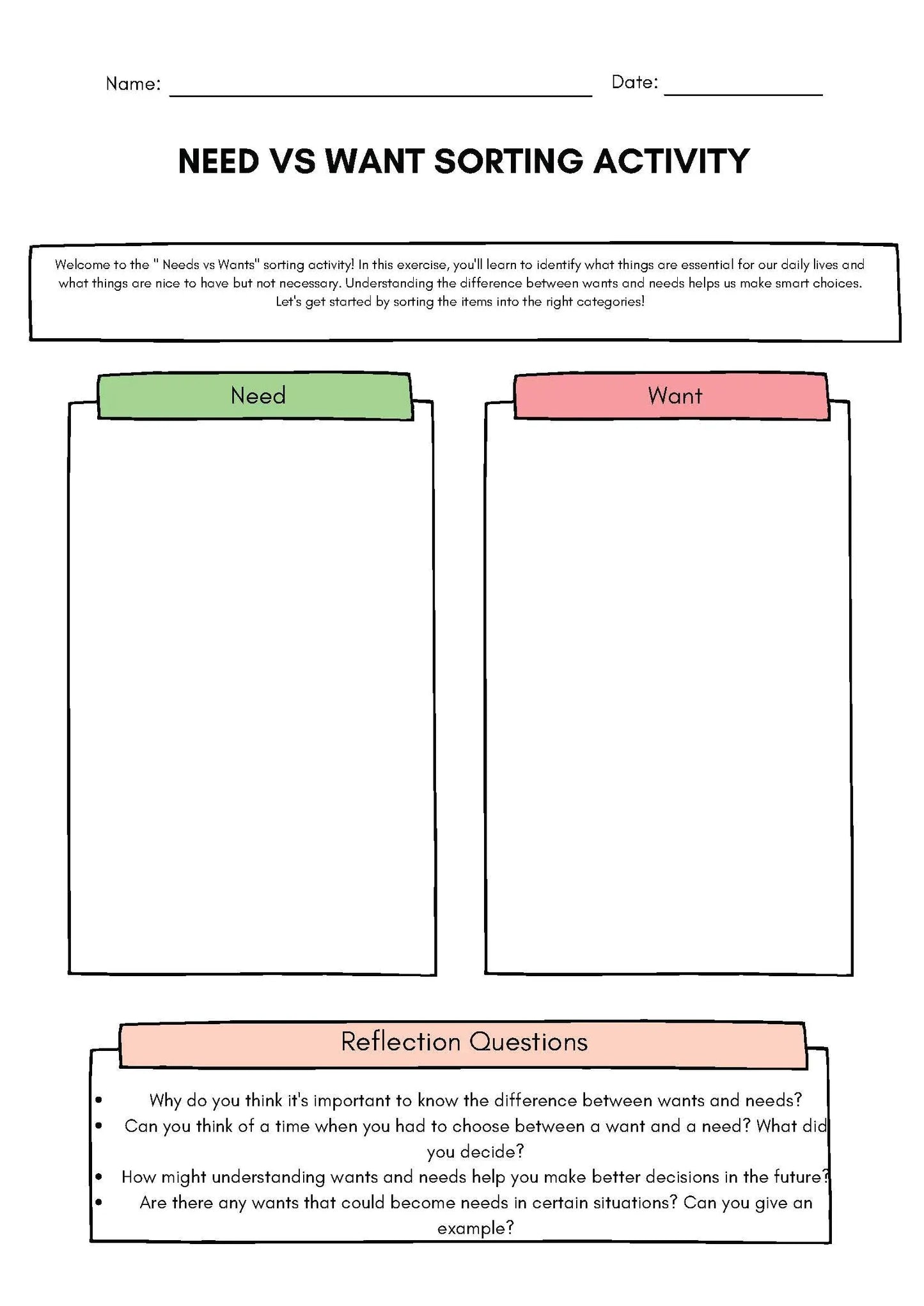 Want vs Need Sorting Activity Classroom Resources for Kids